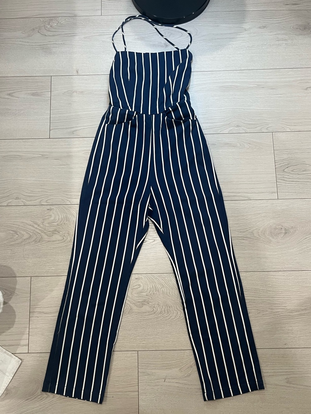 Reformation Striped Navy Blue Jumpsuit with White Pinstripes women’s size 2 - Picture 2 of 10